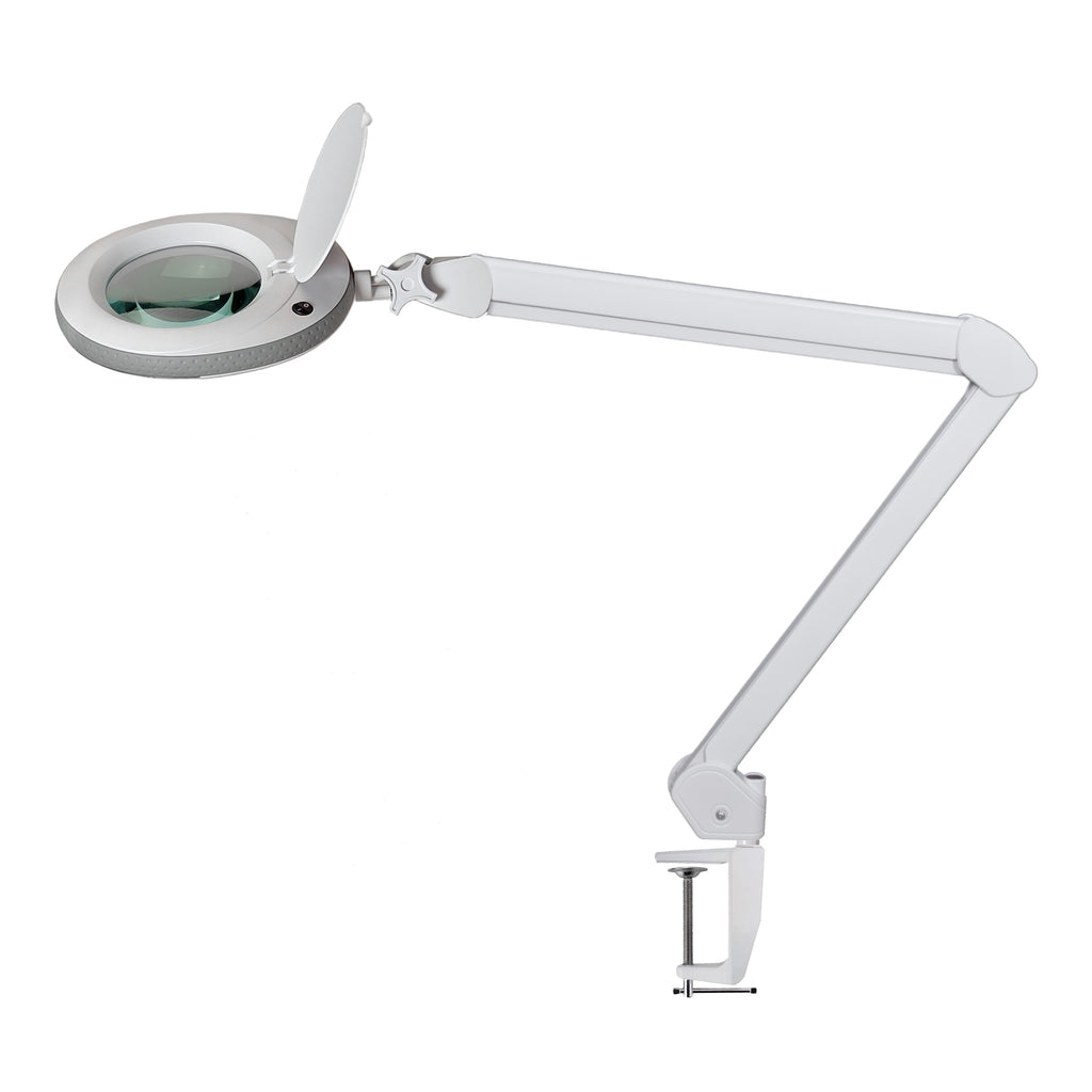 Lumeno 721X loeplamp in grijs met tafelklem, totaalbeeld