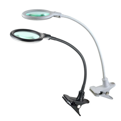 Lampada a morsetto LED Lumeno 680X con collo di cigno flessibile, in nero e bianco, ideale per lavori di precisione.