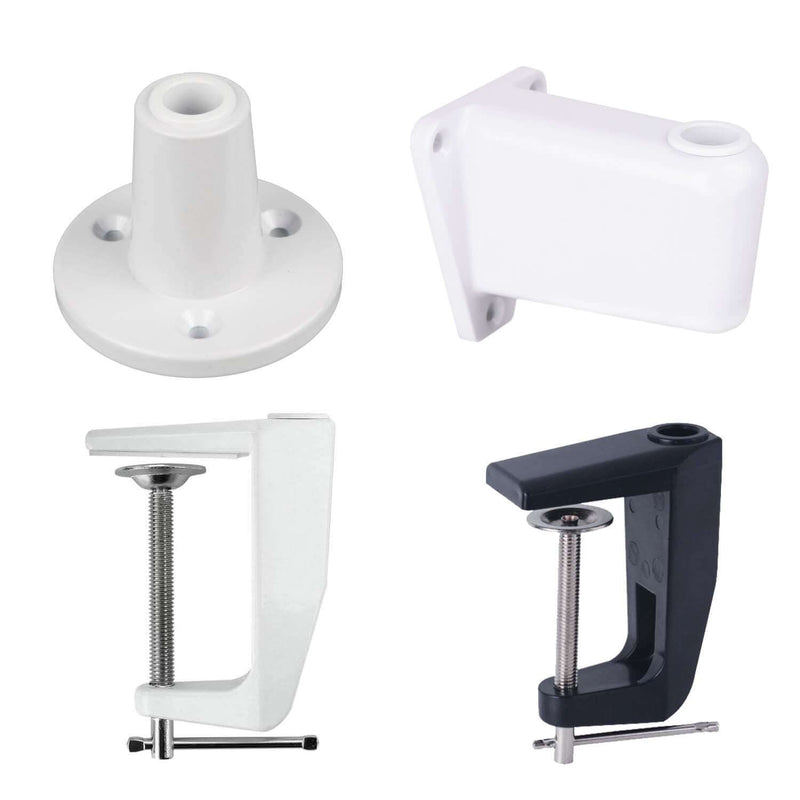 Lumeno 617X mounts: table mount, wall mount and table clamp in white and black